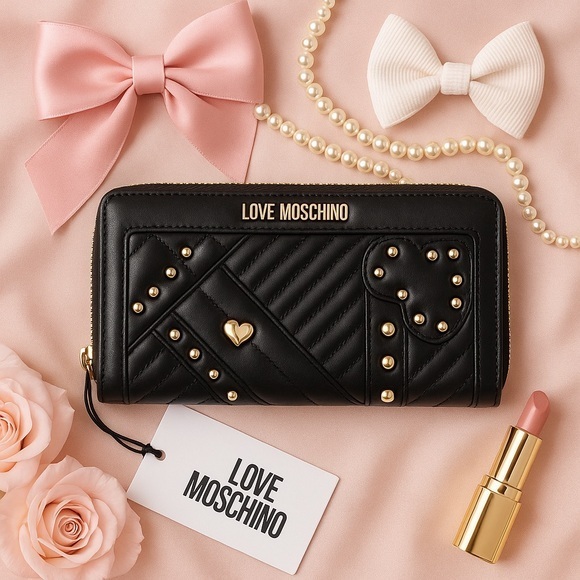 Love Moschino Handbags - Love Moschino Black Quilted Heart Stud Zip-Around Wallet Gold Hardware NWT